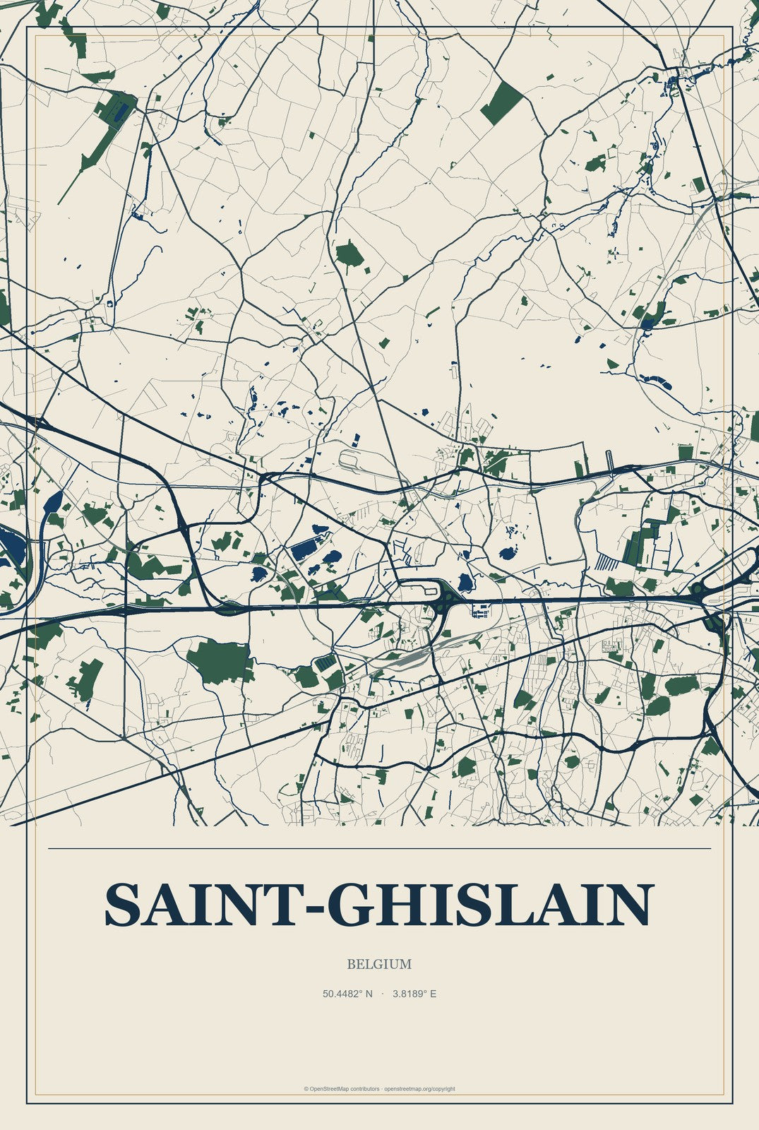 Saint-Ghislain, Belgium City Map Aluminum Sign in Coastal Cutout style