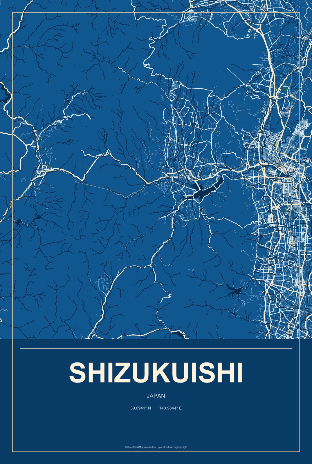 Shizukuishi, Japan City Map Aluminum Sign in Harbor Cobalt style