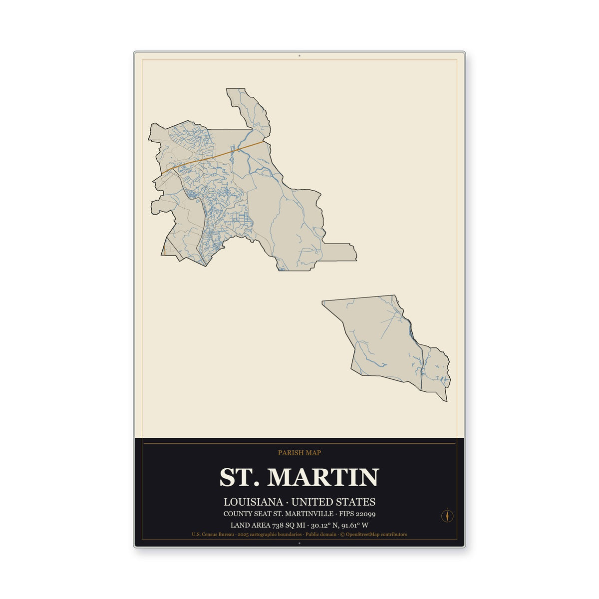 St. Martin Parish, Louisiana Map Aluminum Sign in Museum Plaque style