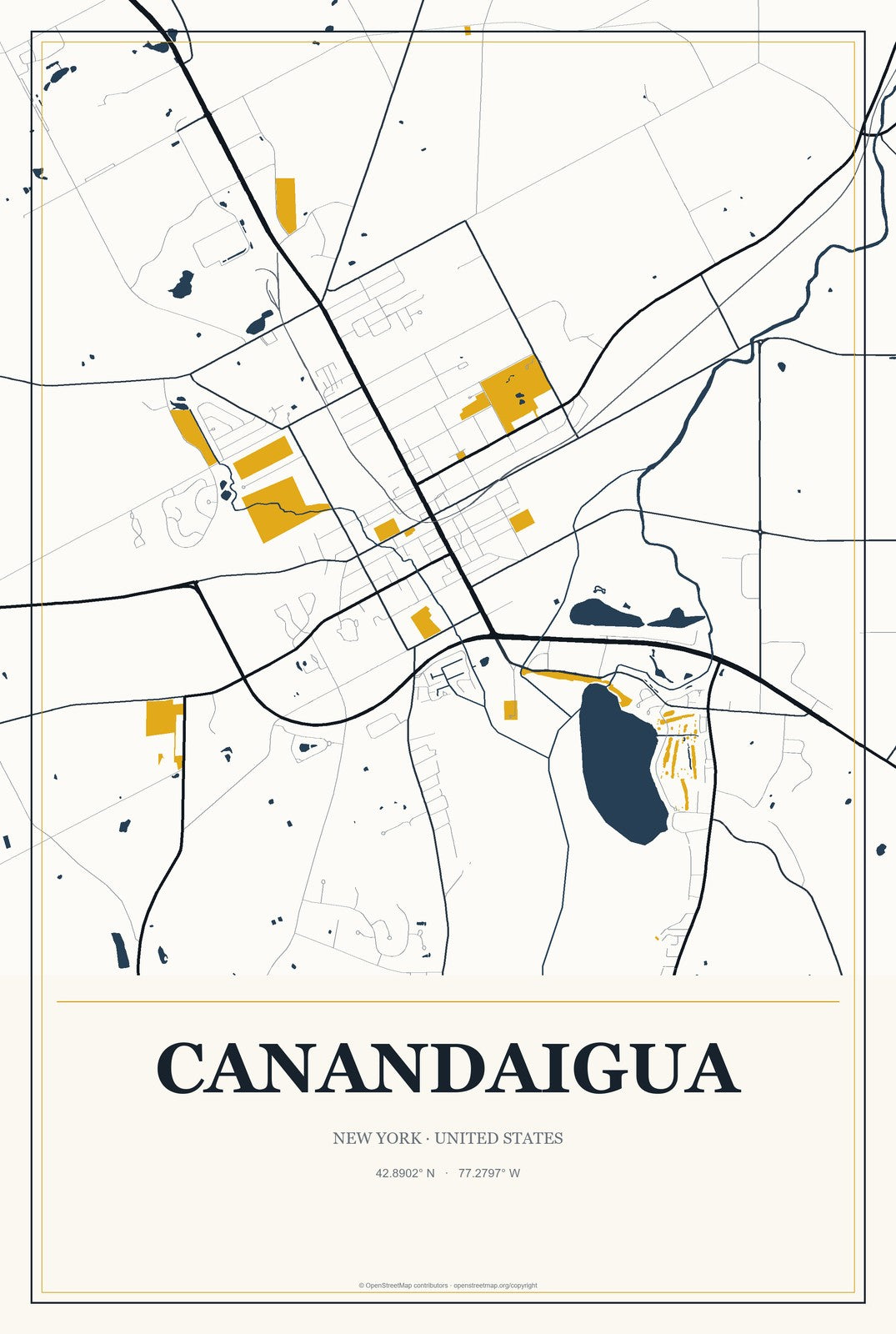 Canandaigua, New York City Map Aluminum Sign in Citrine Modern style