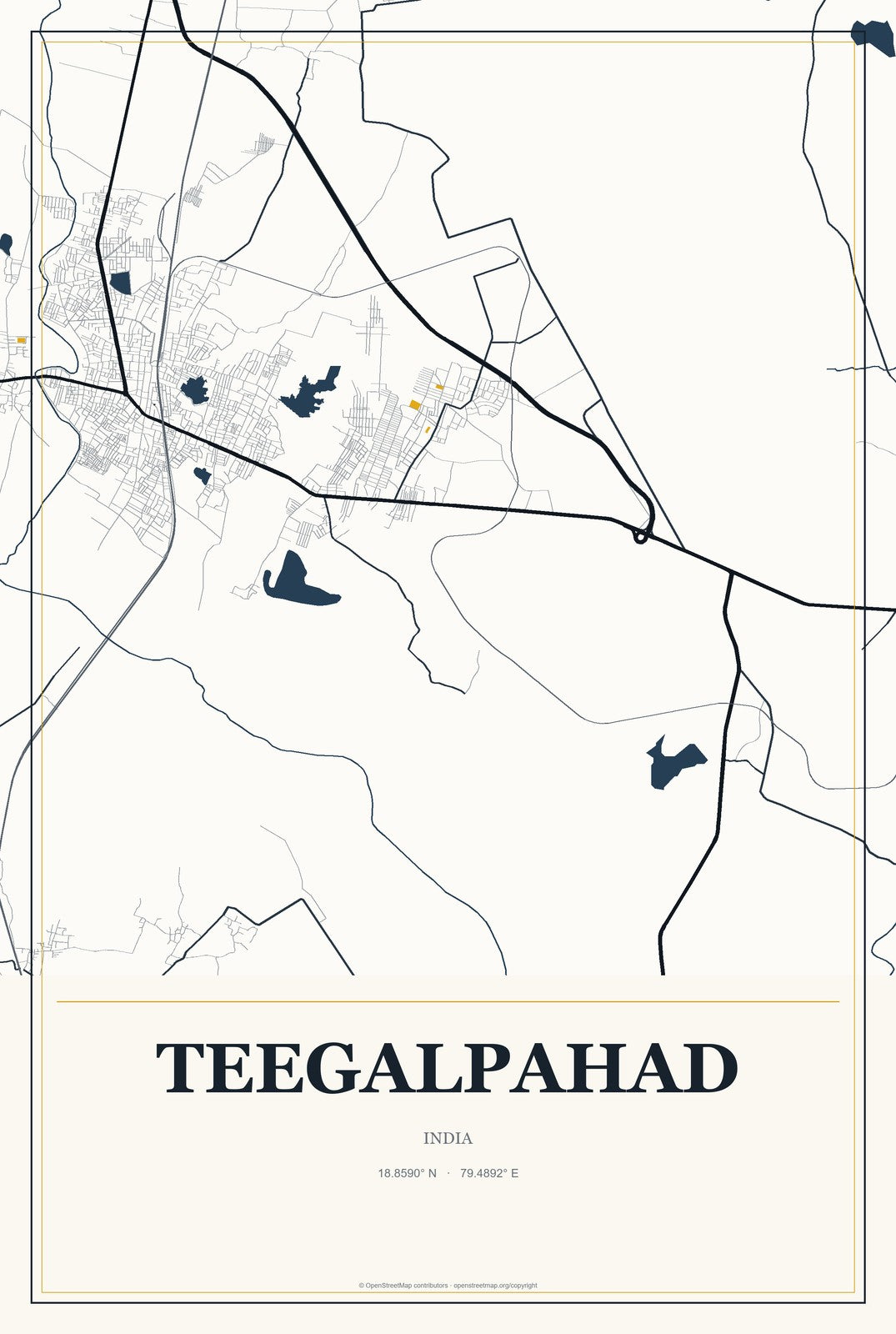 Teegalpahad, India City Map Aluminum Sign in Citrine Modern style