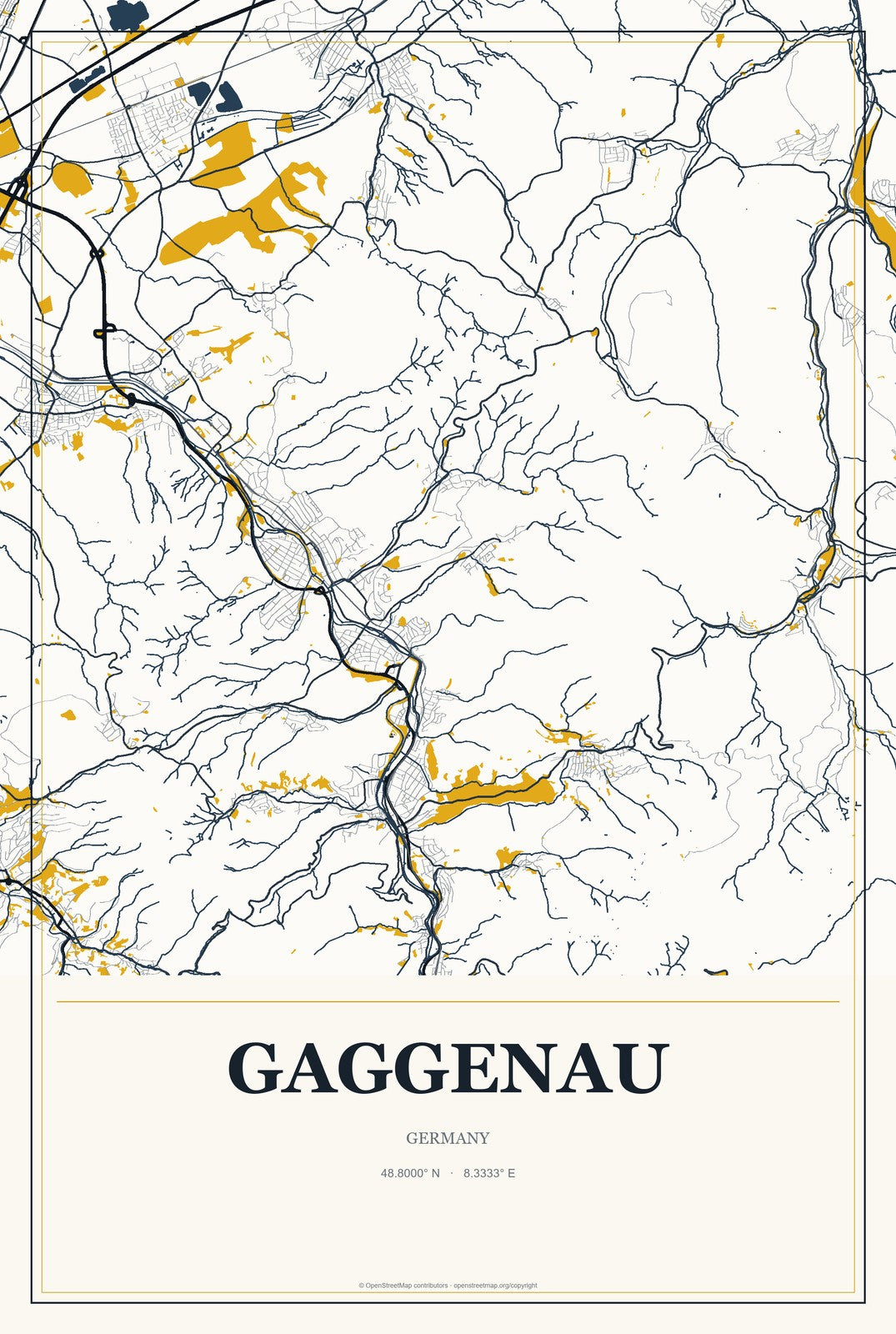 Gaggenau, Germany City Map Aluminum Sign in Citrine Modern style