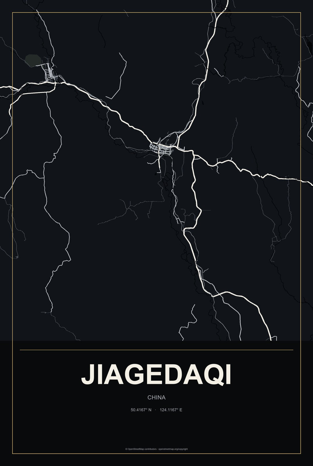 Jiagedaqi, China City Map Aluminum Sign in Metropolitan Noir style