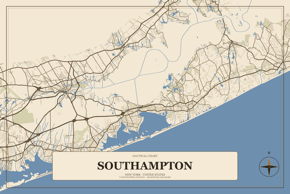 Southampton, New York City Map Aluminum Sign in Heritage Nautical style