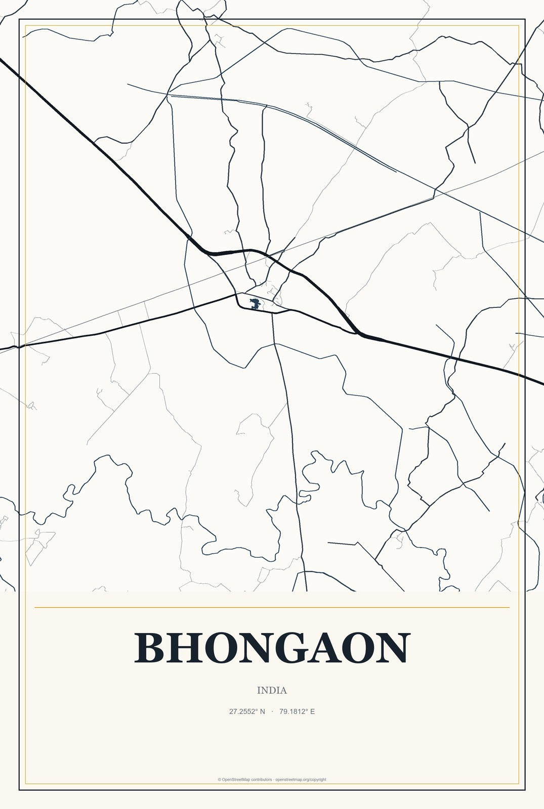 Bhongaon, India City Map Aluminum Sign in Citrine Modern style