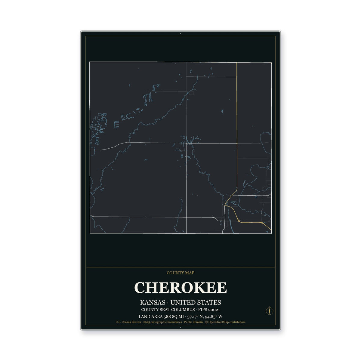 Cherokee County, Kansas Map Aluminum Sign in Metropolitan Noir style