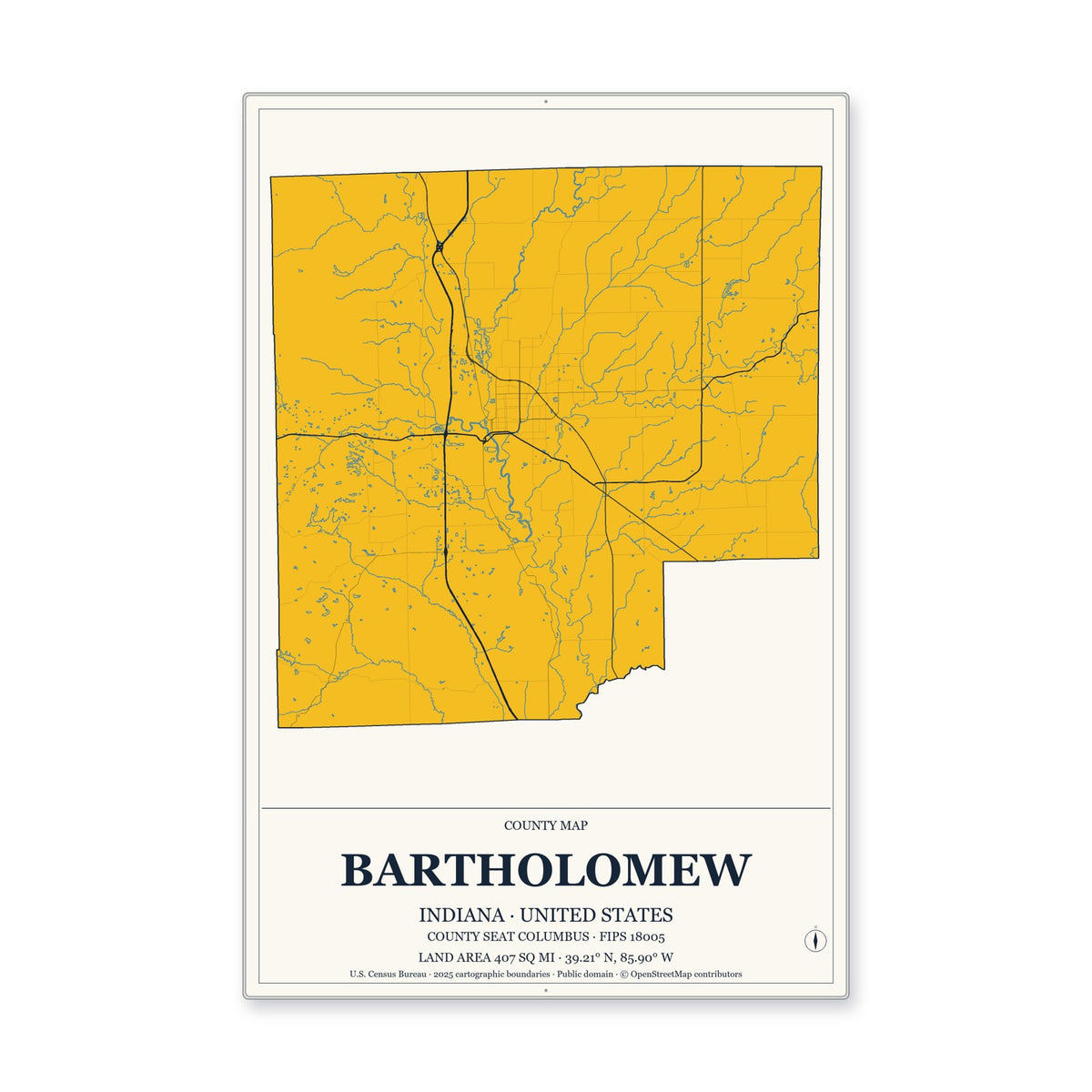 Bartholomew County, Indiana Map Aluminum Sign in Citrine Modern style