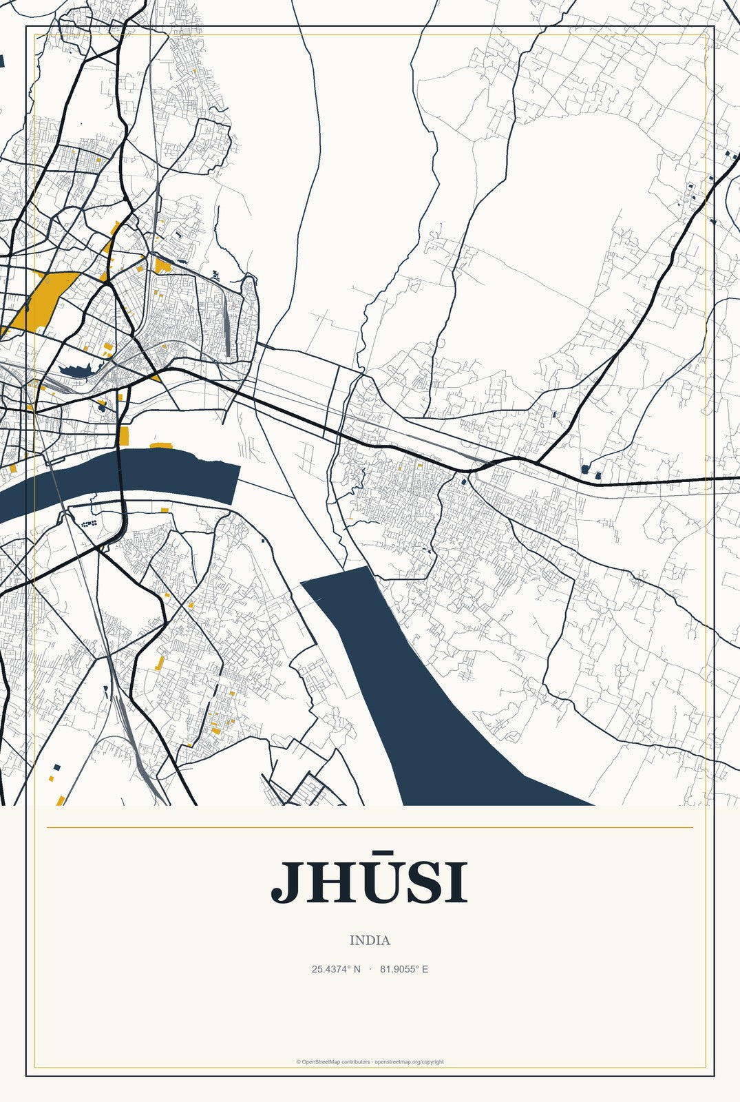 Jhūsi, India City Map Aluminum Sign in Citrine Modern style