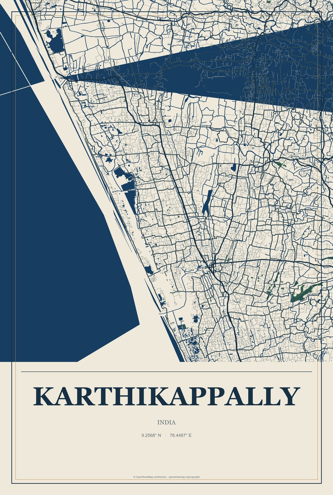 Karthikappally, India City Map Aluminum Sign in Coastal Cutout style
