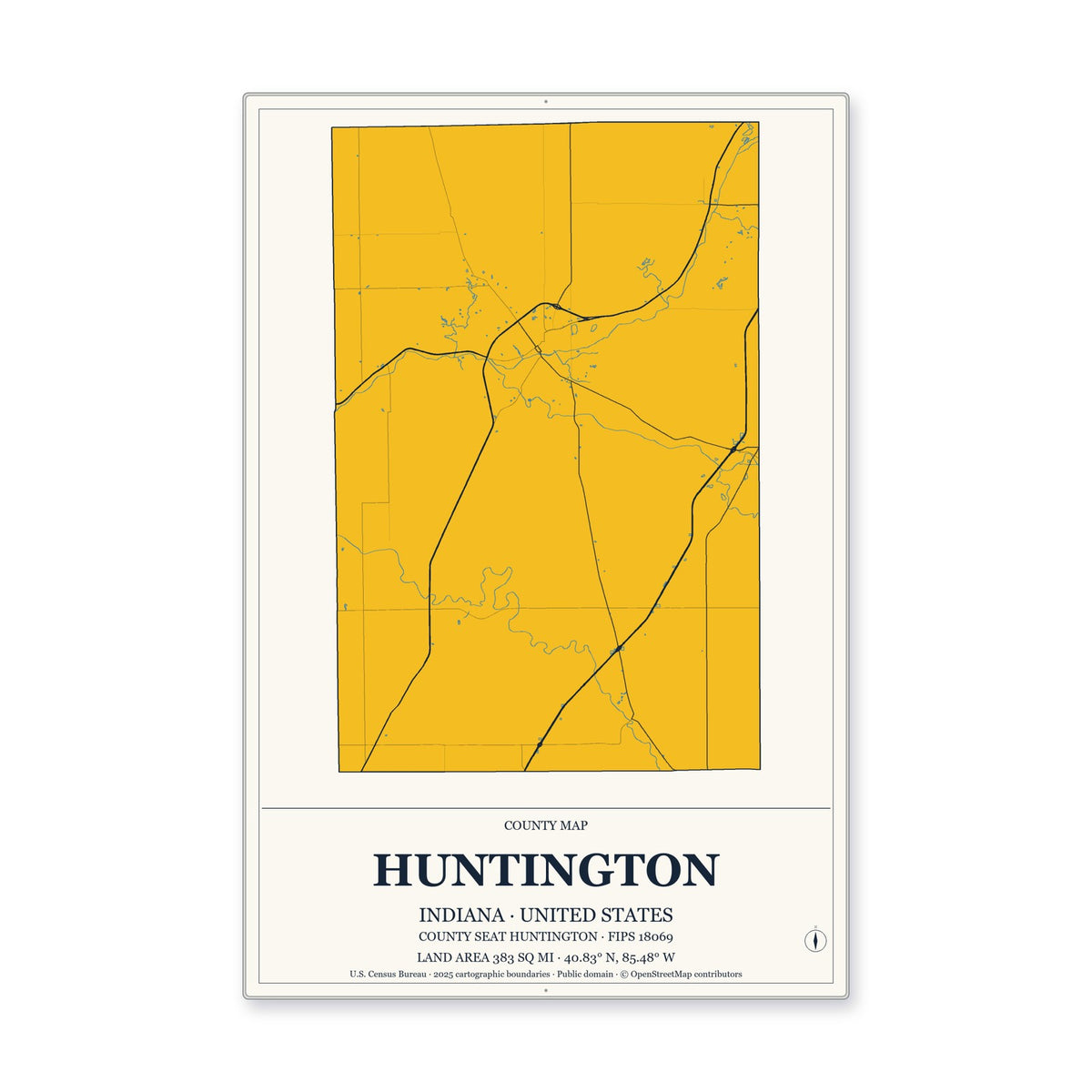 Huntington County, Indiana Map Aluminum Sign in Citrine Modern style