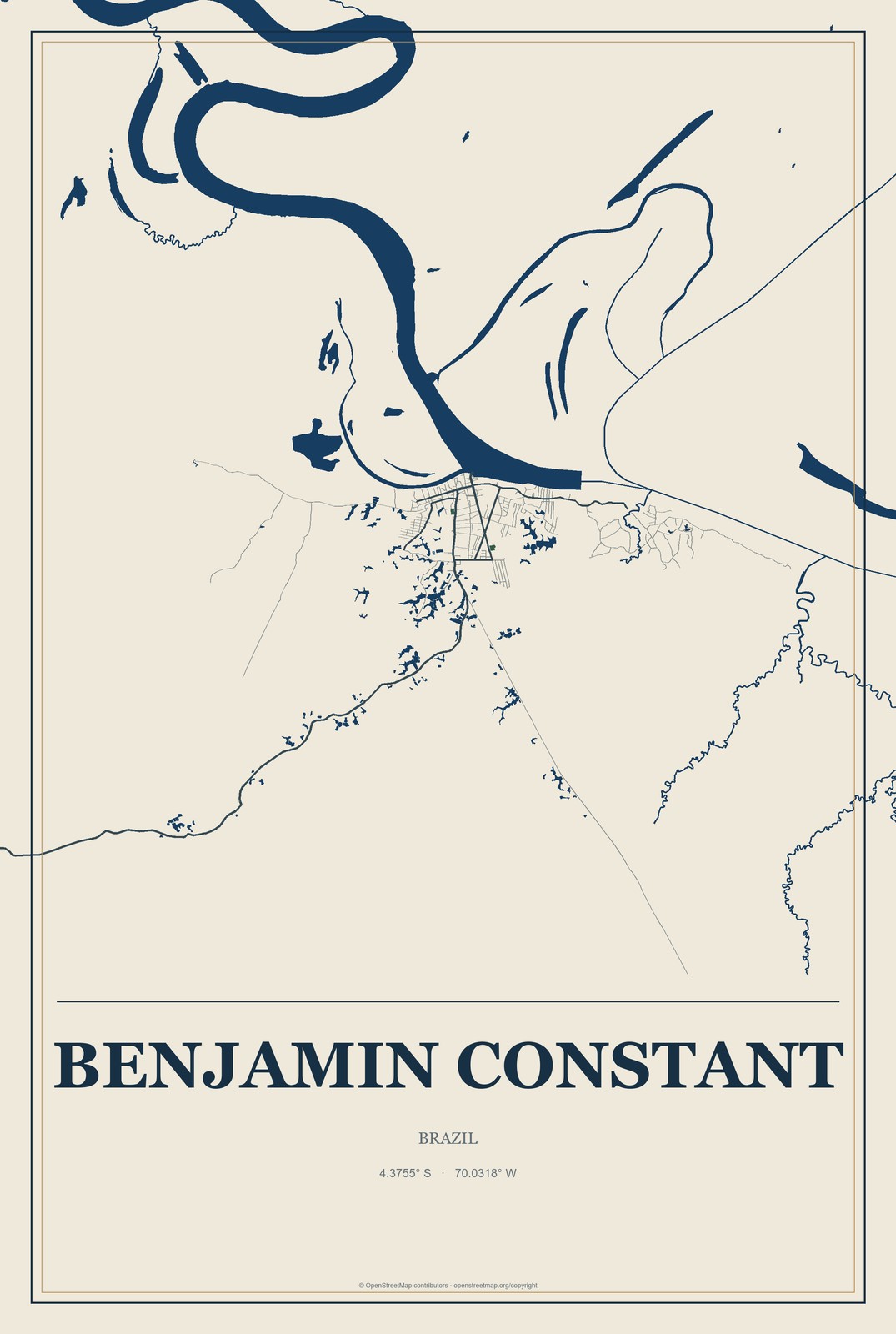 Benjamin Constant, Brazil City Map Aluminum Sign in Coastal Cutout style