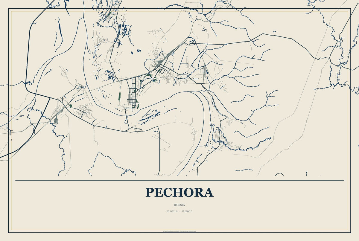 Pechora, Russia City Map Aluminum Sign in Coastal Cutout style