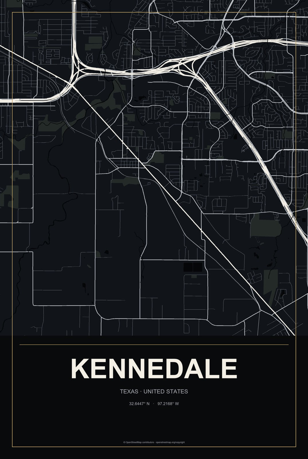 Kennedale, Texas City Map Aluminum Sign in Metropolitan Noir style