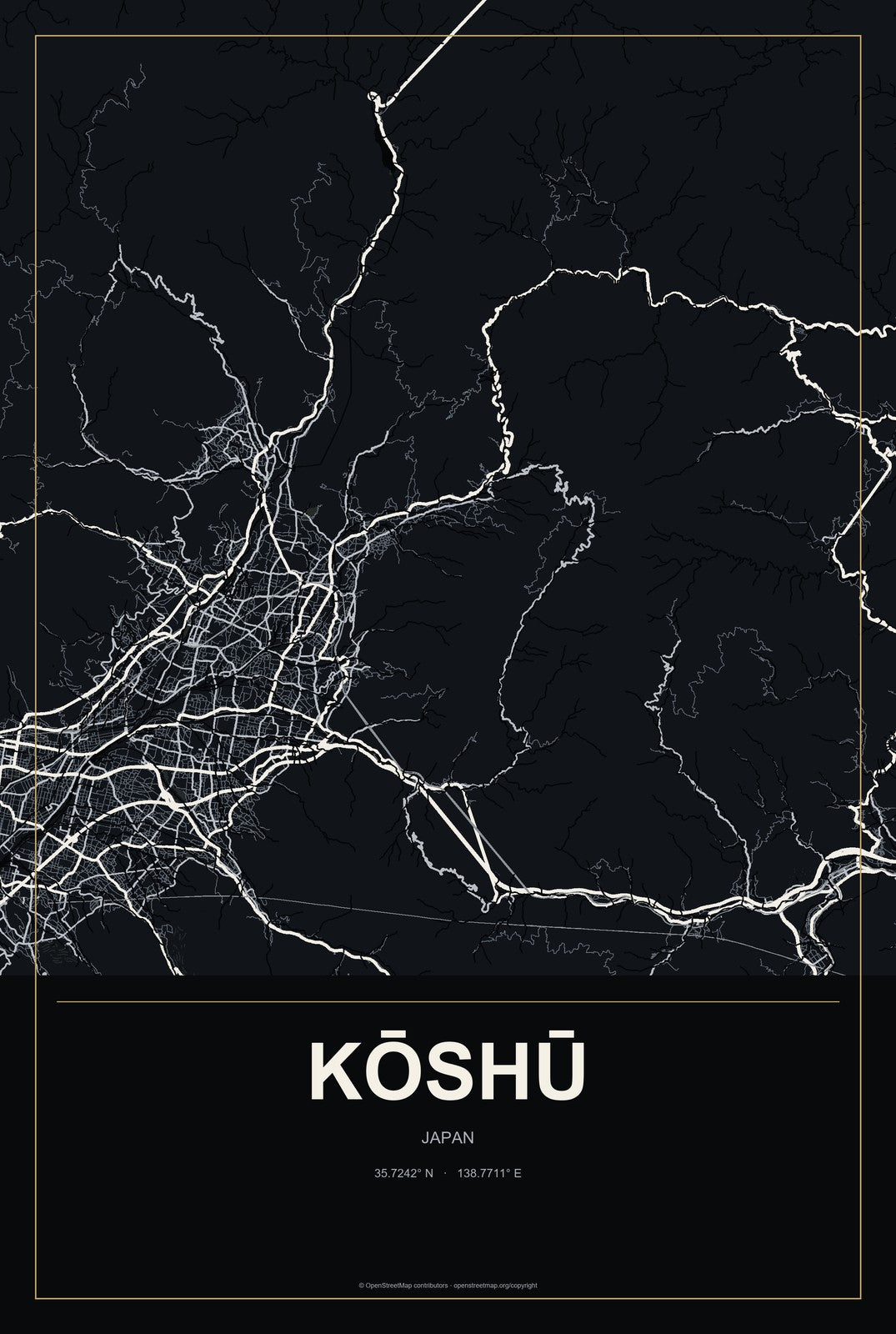 Kōshū, Japan City Map Aluminum Sign in Metropolitan Noir style