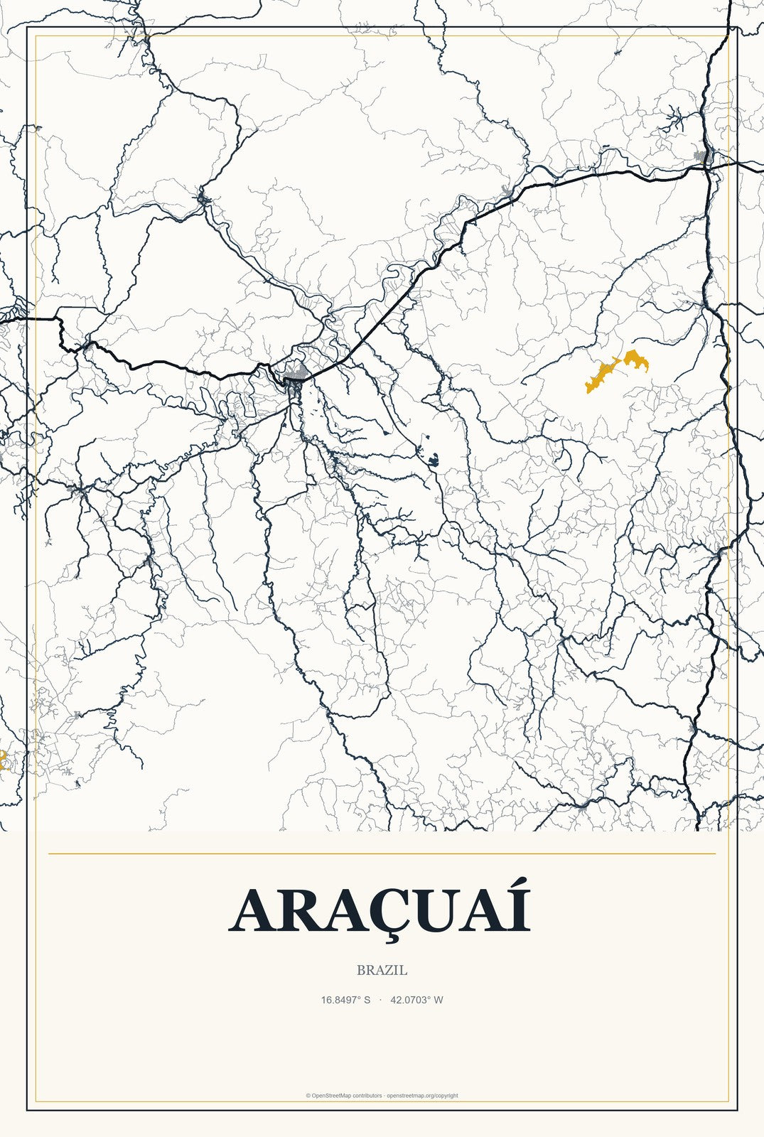 Araçuaí, Brazil City Map Aluminum Sign in Citrine Modern style