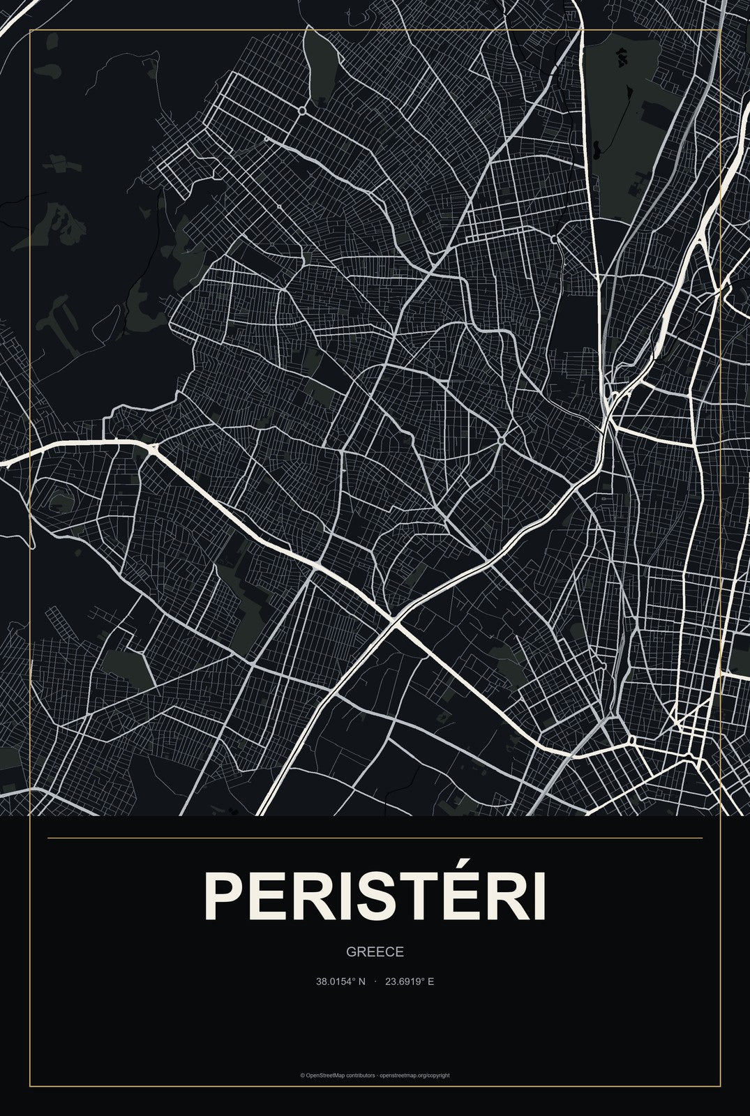 Peristéri, Greece City Map Aluminum Sign in Metropolitan Noir style