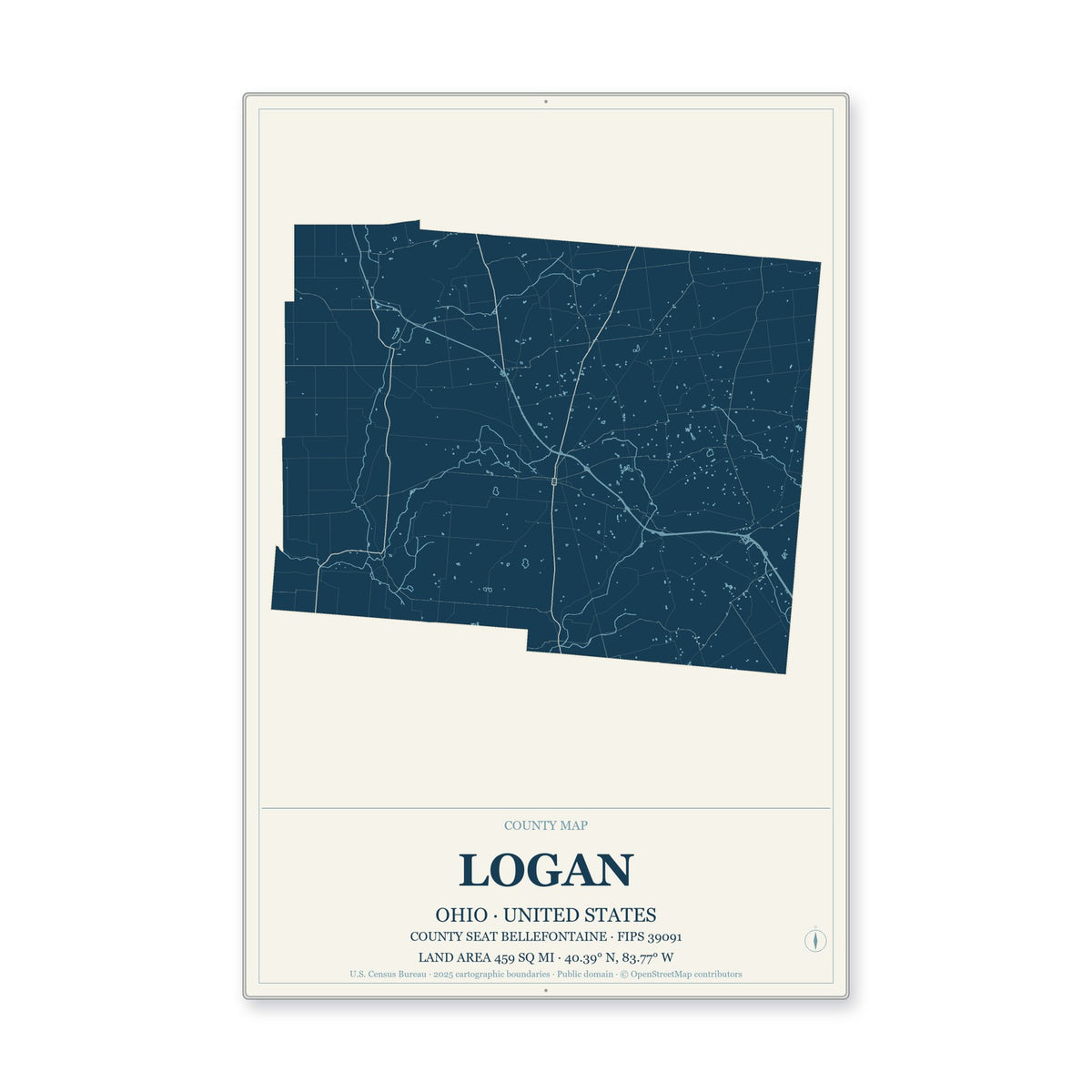 Logan County, Ohio Map Aluminum Sign in Coastal Cutout style
