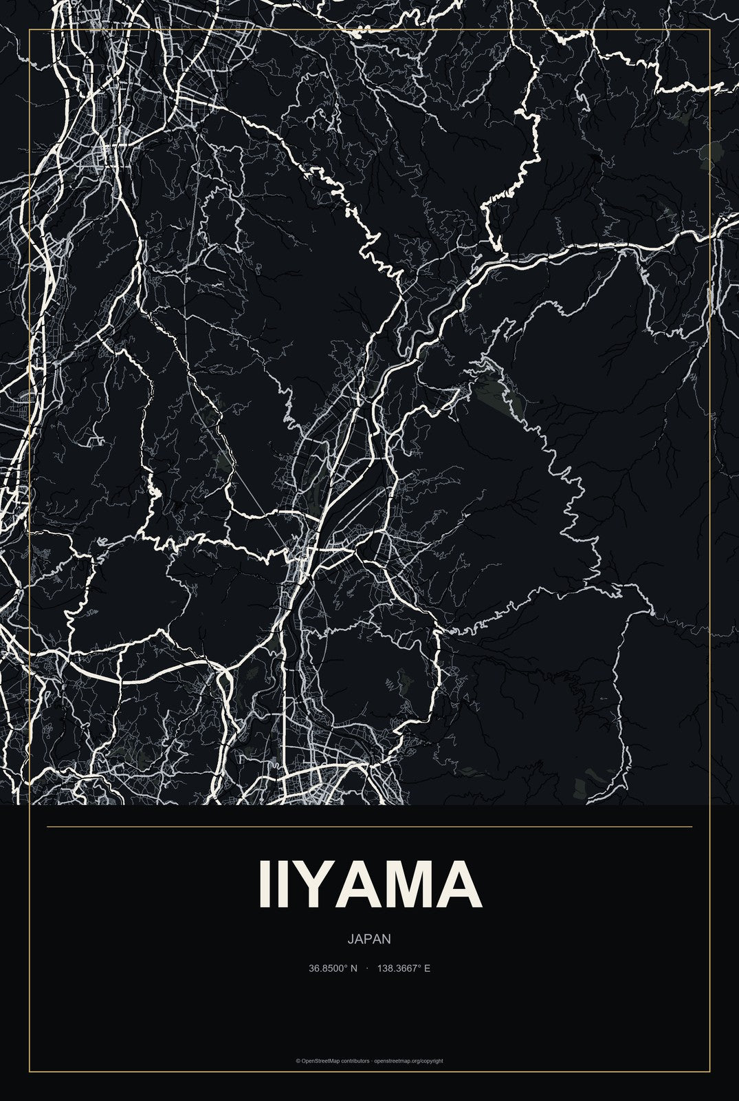 Iiyama, Japan City Map Aluminum Sign in Metropolitan Noir style