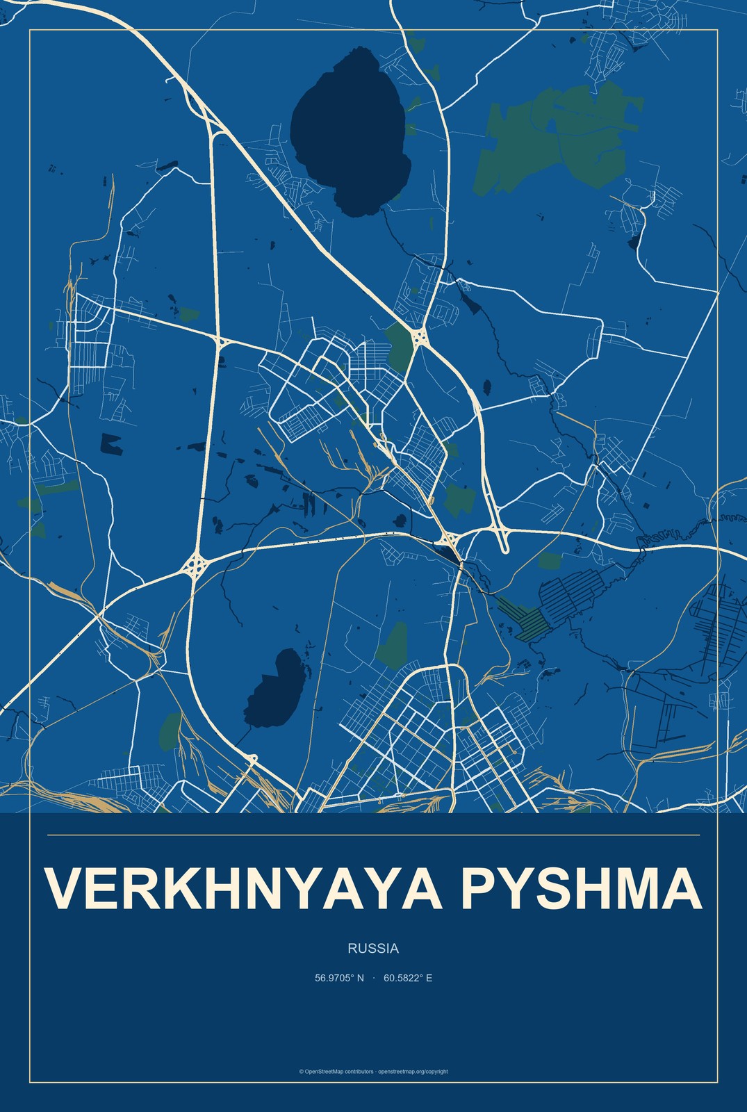 Verkhnyaya Pyshma, Russia City Map Aluminum Sign in Harbor Cobalt style