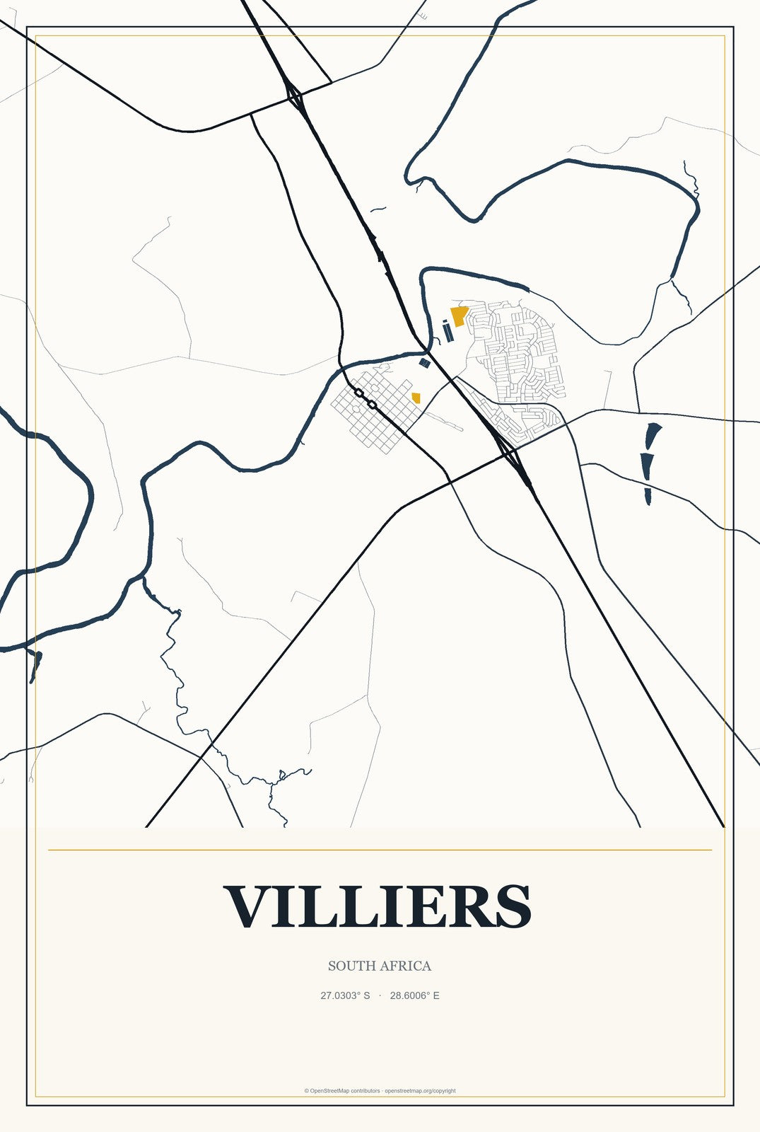 Villiers, South Africa City Map Aluminum Sign in Citrine Modern style