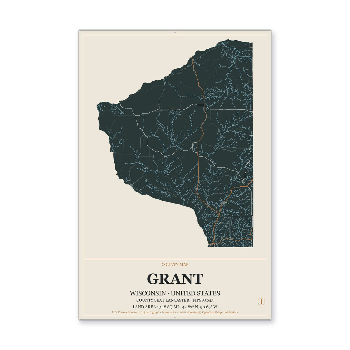 Grant County, Wisconsin Map Aluminum Sign in Headline Atlas style