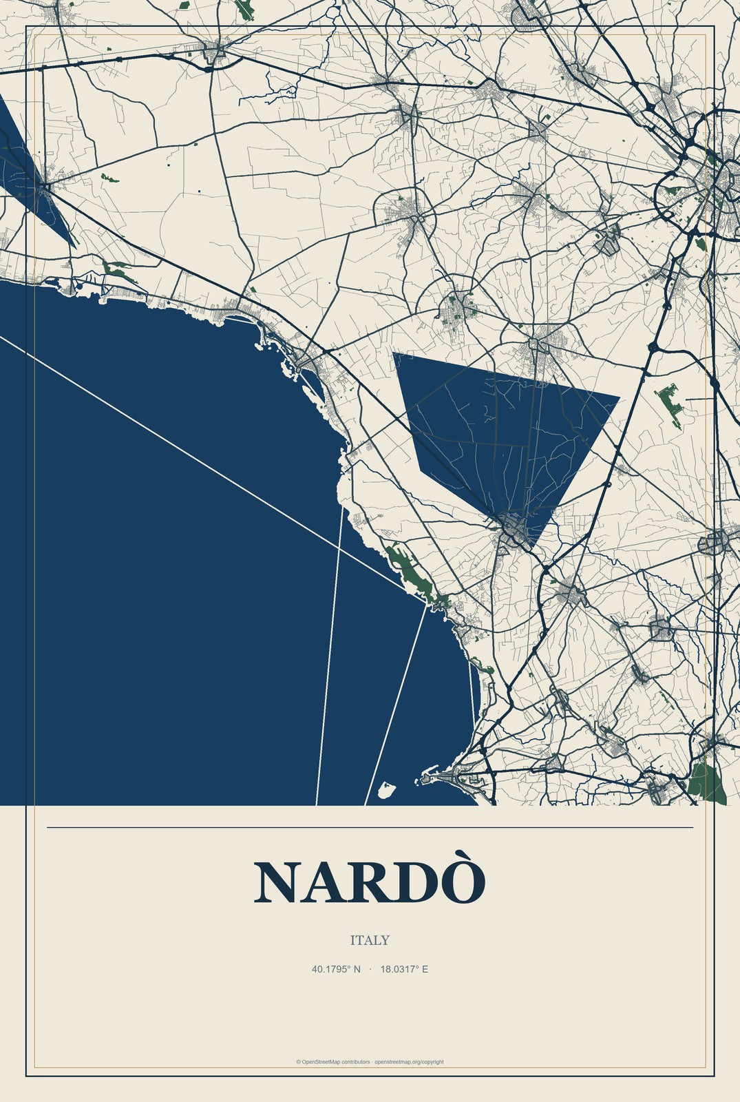 Nardò, Italy City Map Aluminum Sign in Coastal Cutout style