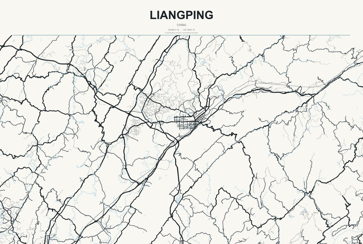 Liangping, China City Map Aluminum Sign in Headline Atlas style