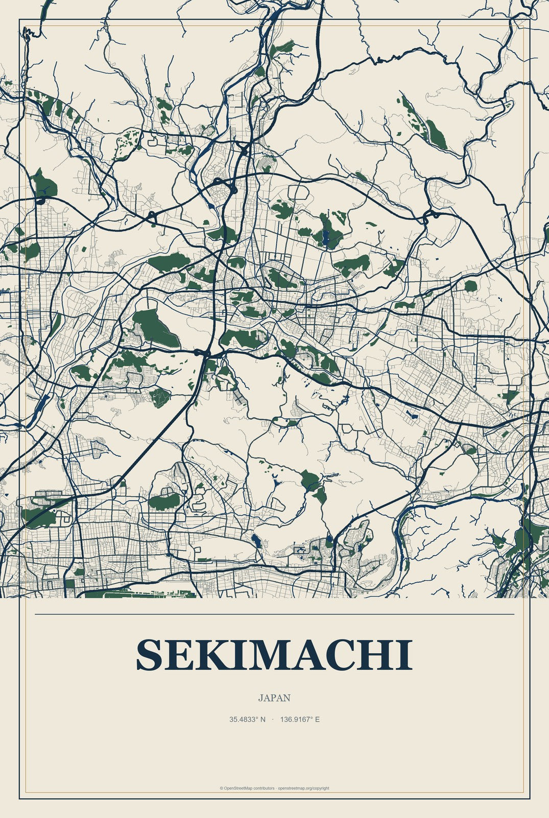 Sekimachi, Japan City Map Aluminum Sign in Coastal Cutout style