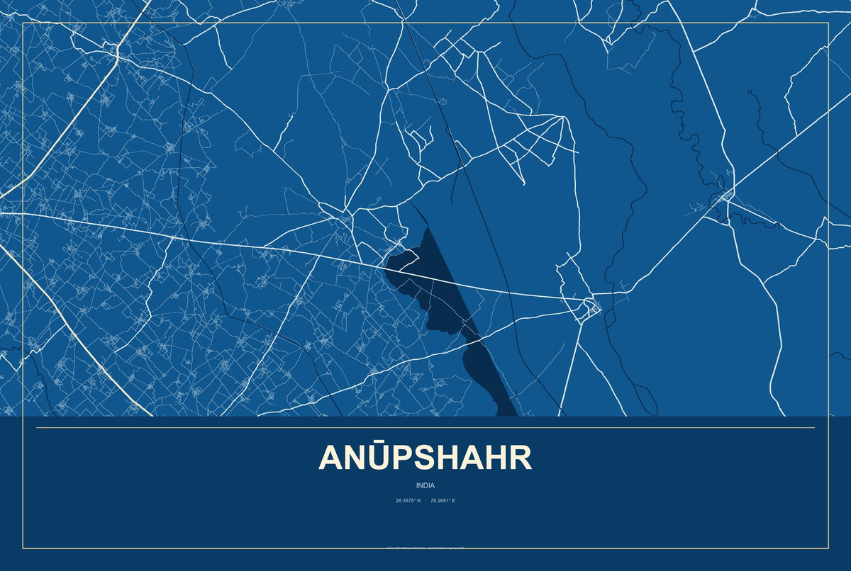 Anūpshahr, India City Map Aluminum Sign in Harbor Cobalt style