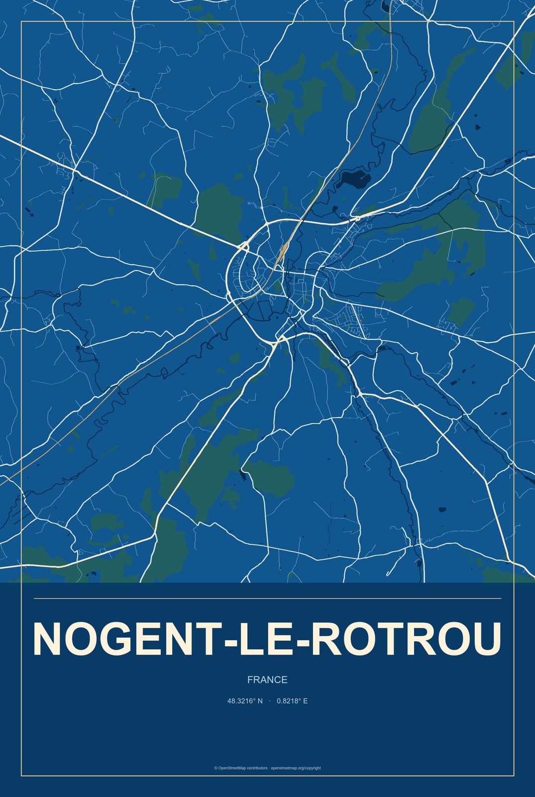 Nogent-le-Rotrou, France City Map Aluminum Sign in Harbor Cobalt style