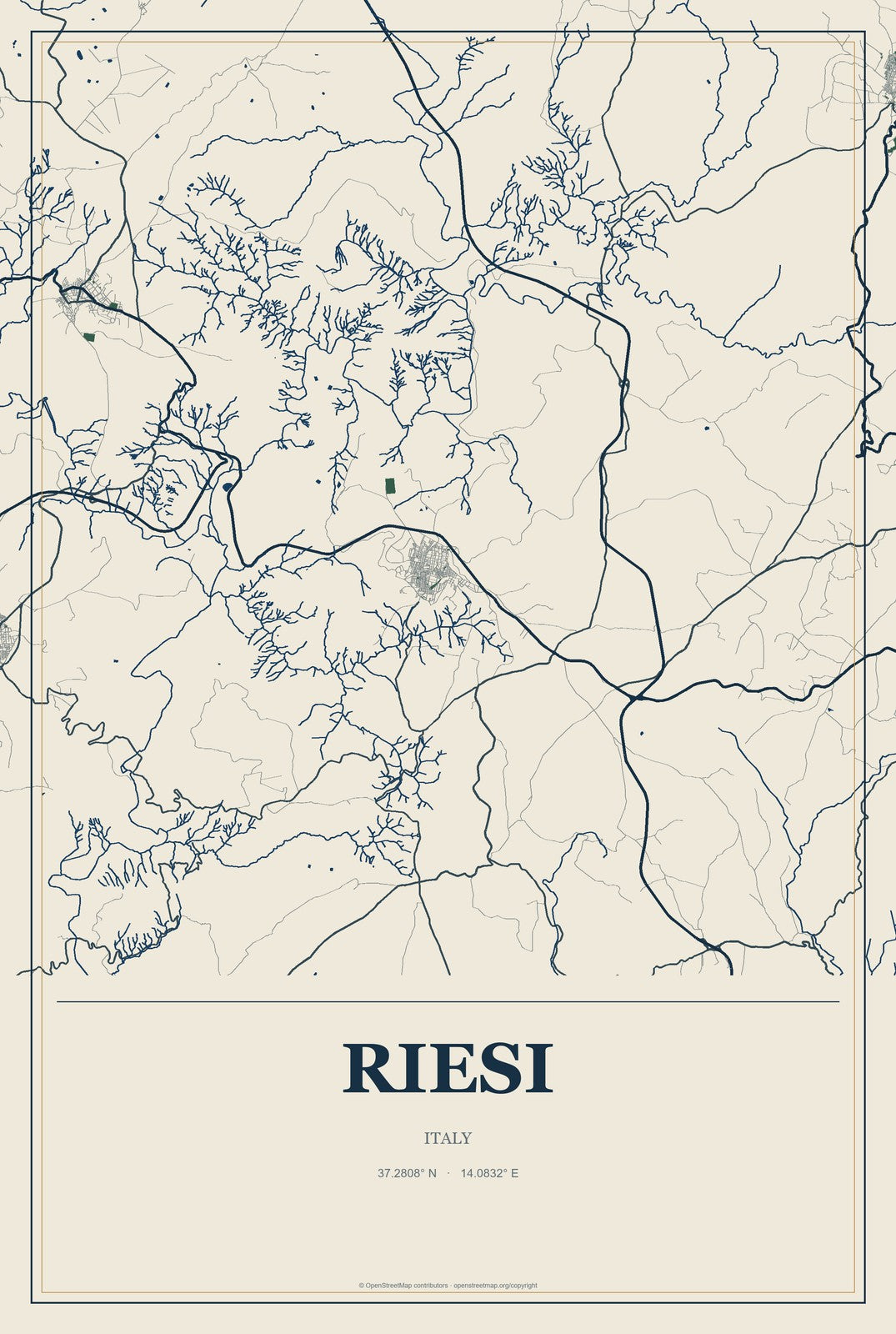 Riesi, Italy City Map Aluminum Sign in Coastal Cutout style