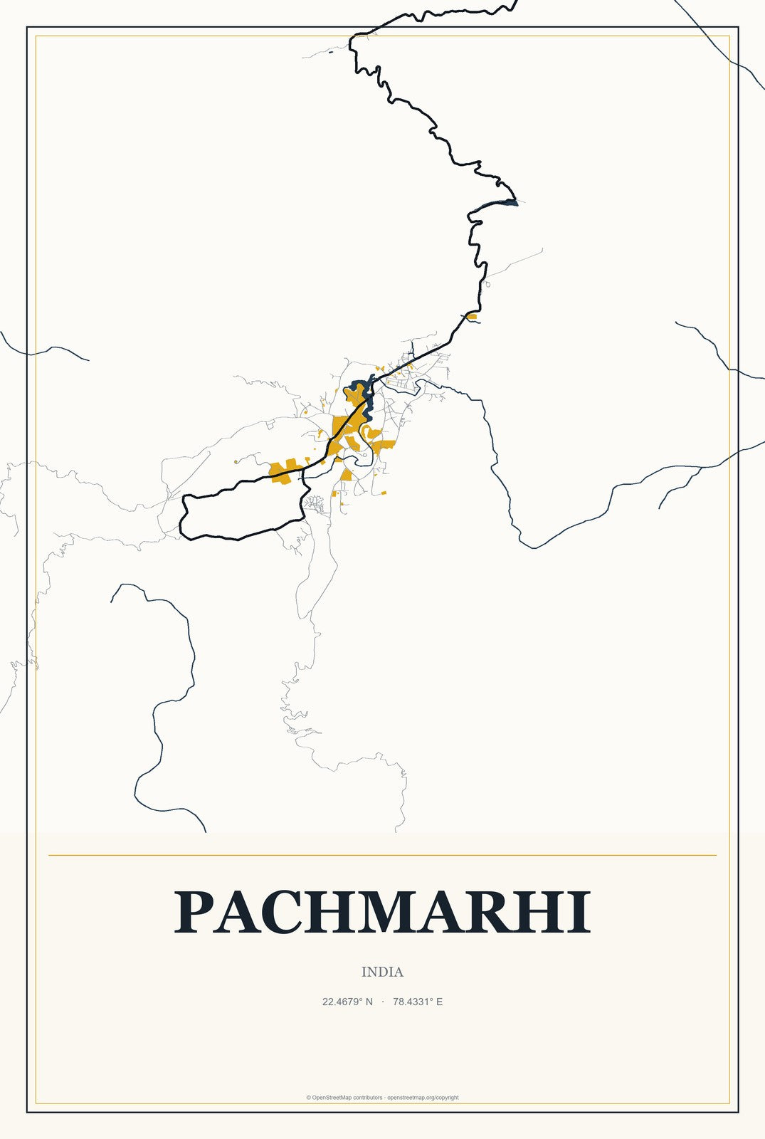 Pachmarhi, India City Map Aluminum Sign in Citrine Modern style