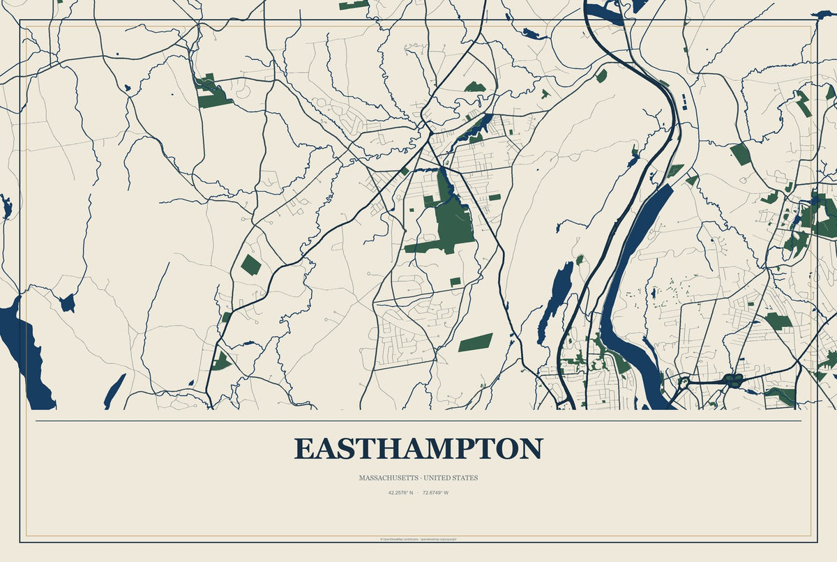 Easthampton, Massachusetts City Map Aluminum Sign in Coastal Cutout style