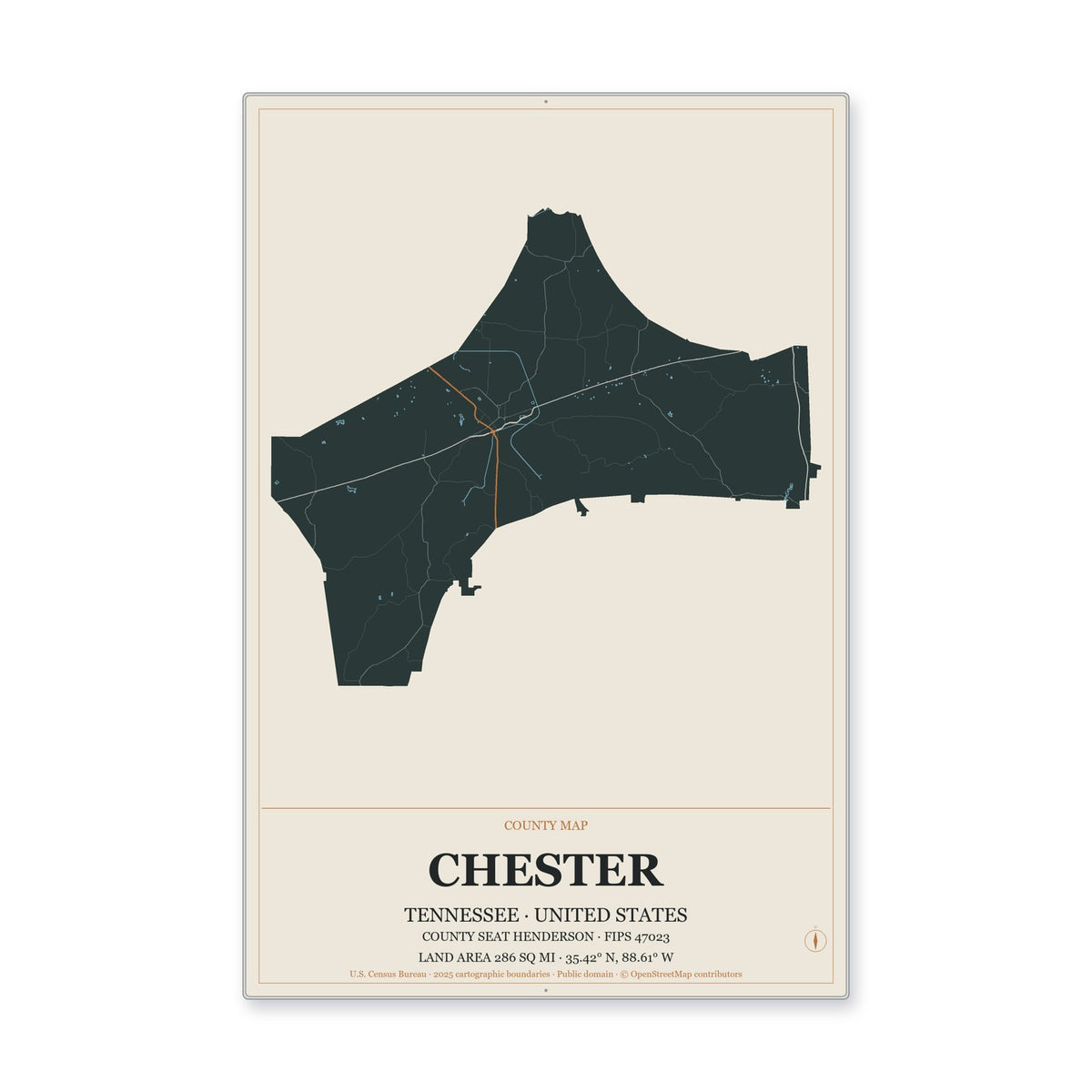 Chester County, Tennessee Map Aluminum Sign in Headline Atlas style