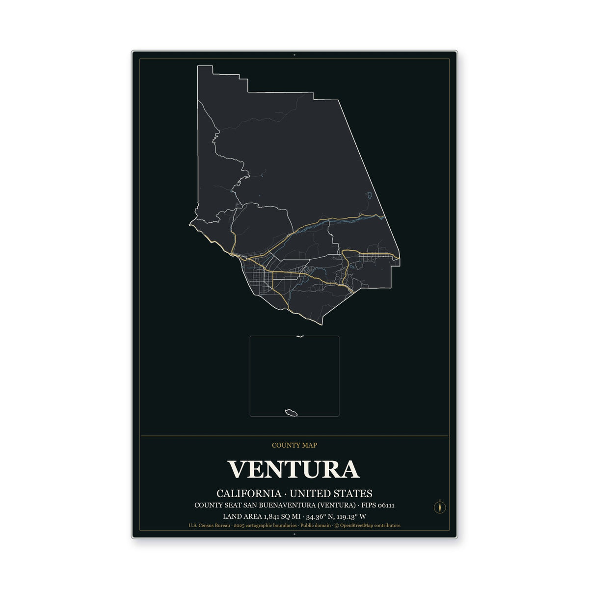 Ventura County, California Map Aluminum Sign in Metropolitan Noir style