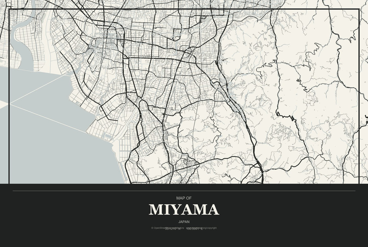 Miyama, Japan City Map Aluminum Sign in Museum Plaque style