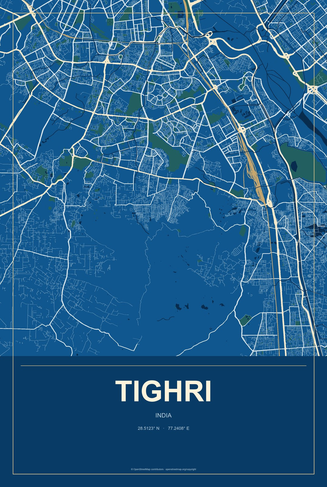 Tighri, India City Map Aluminum Sign in Harbor Cobalt style