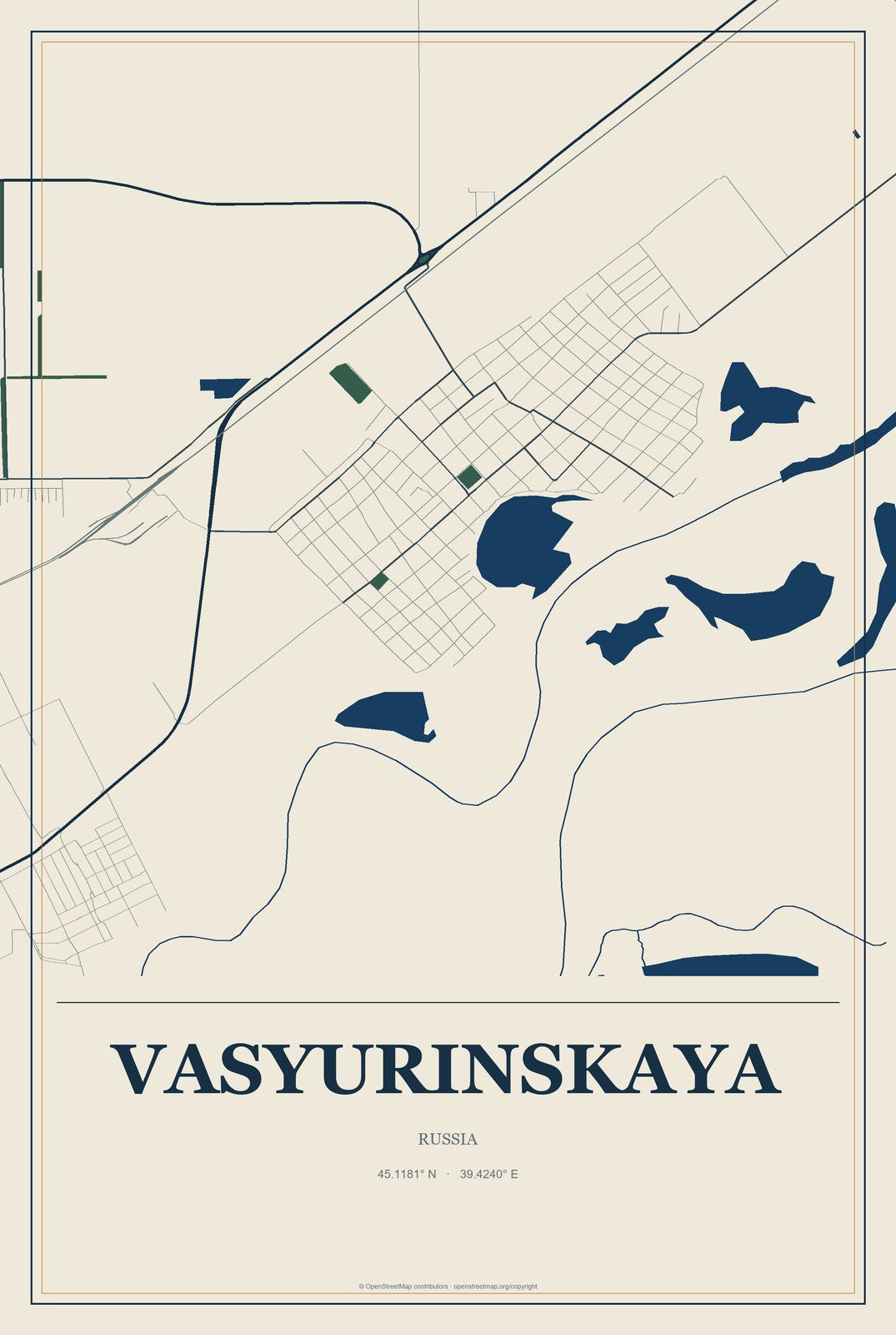 Vasyurinskaya, Russia City Map Aluminum Sign in Coastal Cutout style