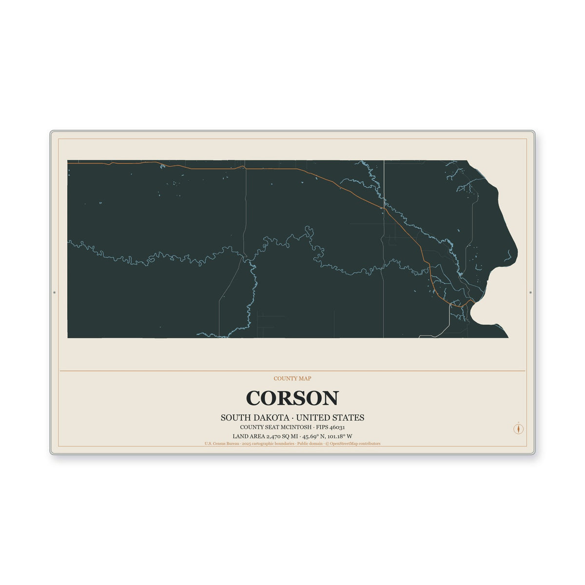 Corson County, South Dakota Map Aluminum Sign in Headline Atlas style