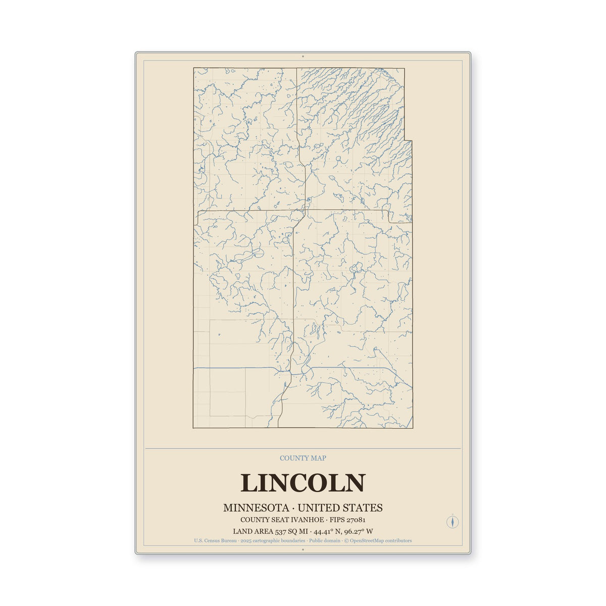 Lincoln County, Minnesota Map Aluminum Sign in Heritage Nautical style