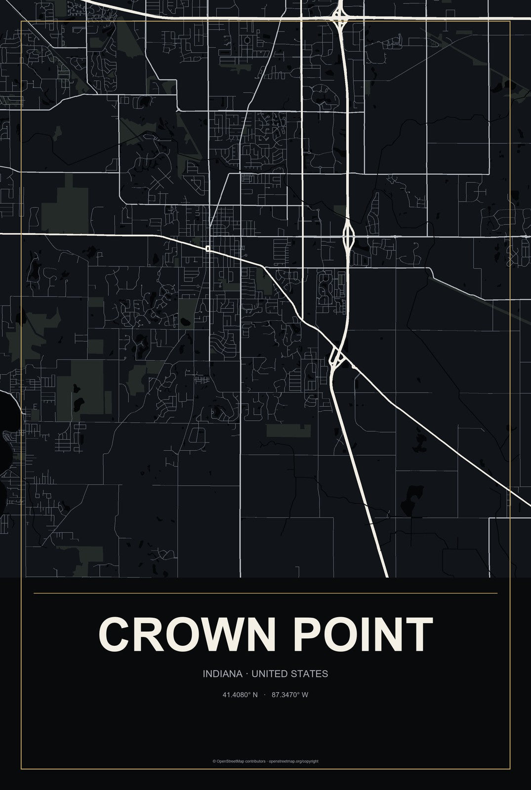 Crown Point, Indiana City Map Aluminum Sign in Metropolitan Noir style