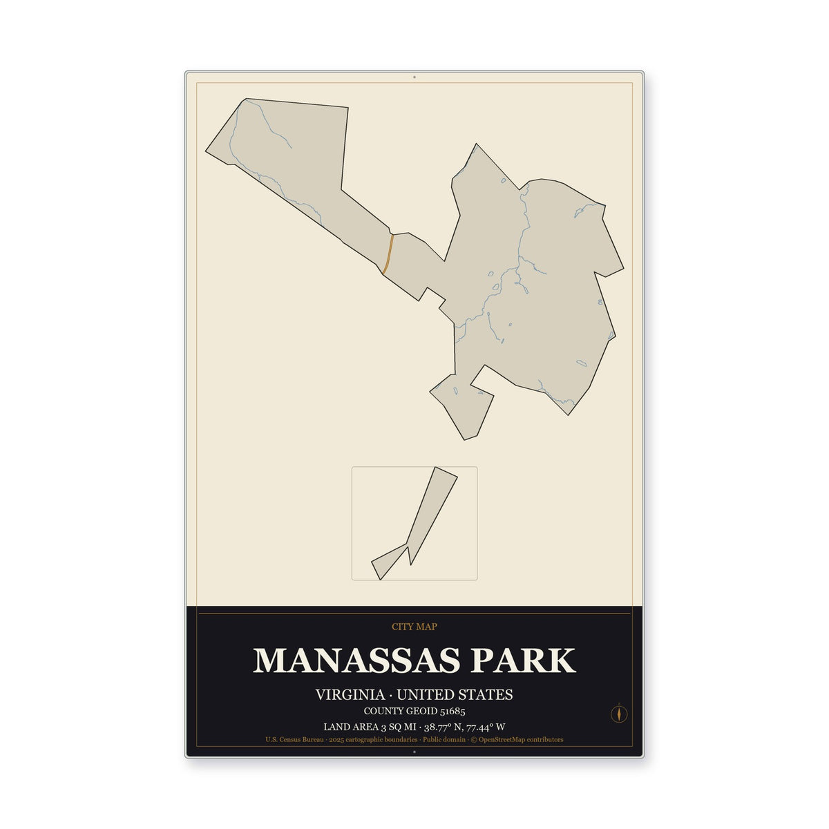 Manassas Park city, Virginia Map Aluminum Sign in Museum Plaque style