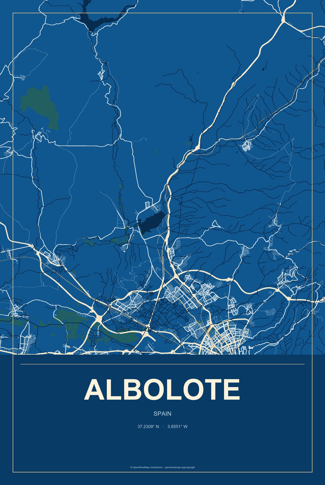 Albolote, Spain City Map Aluminum Sign in Harbor Cobalt style