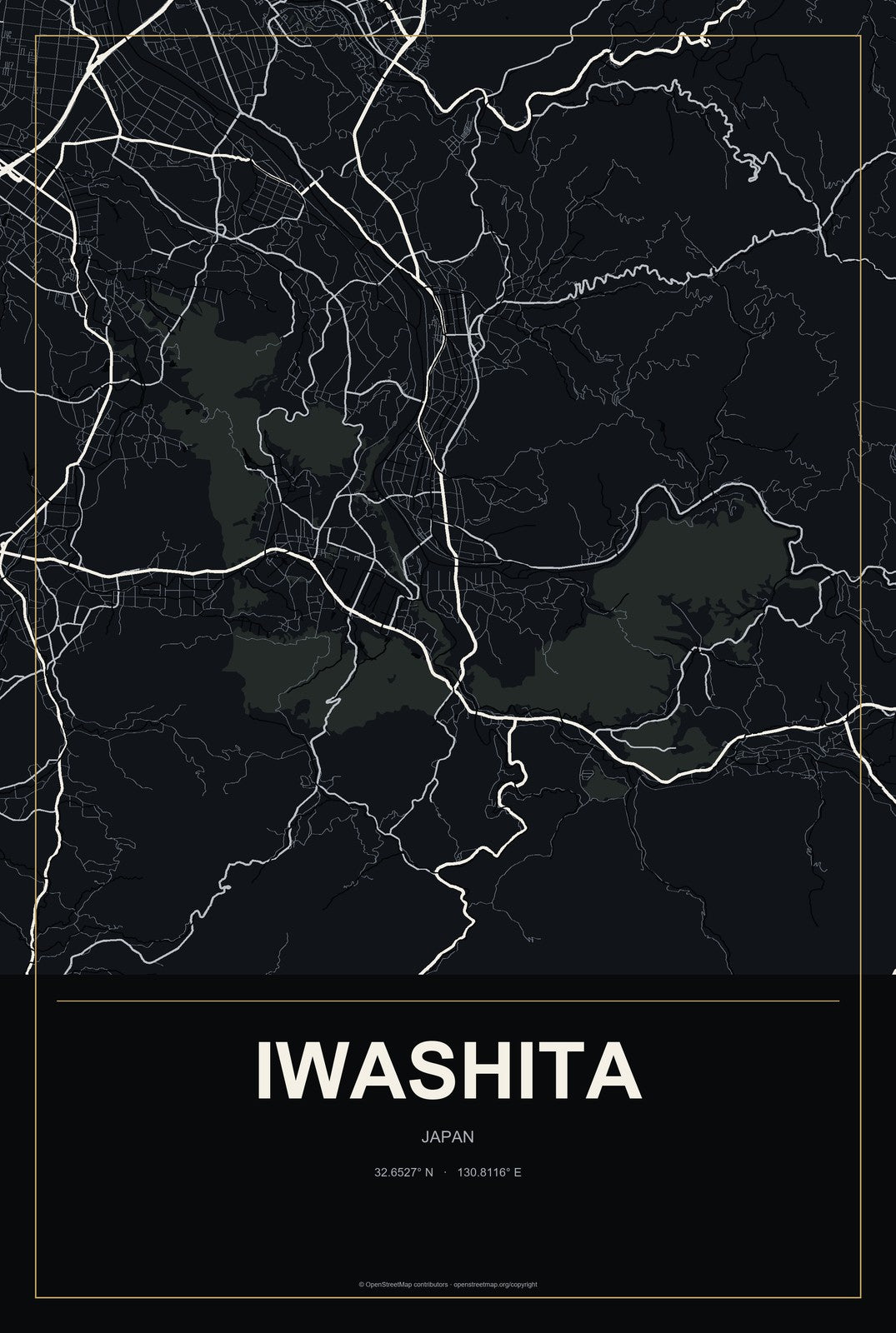 Iwashita, Japan City Map Aluminum Sign in Metropolitan Noir style