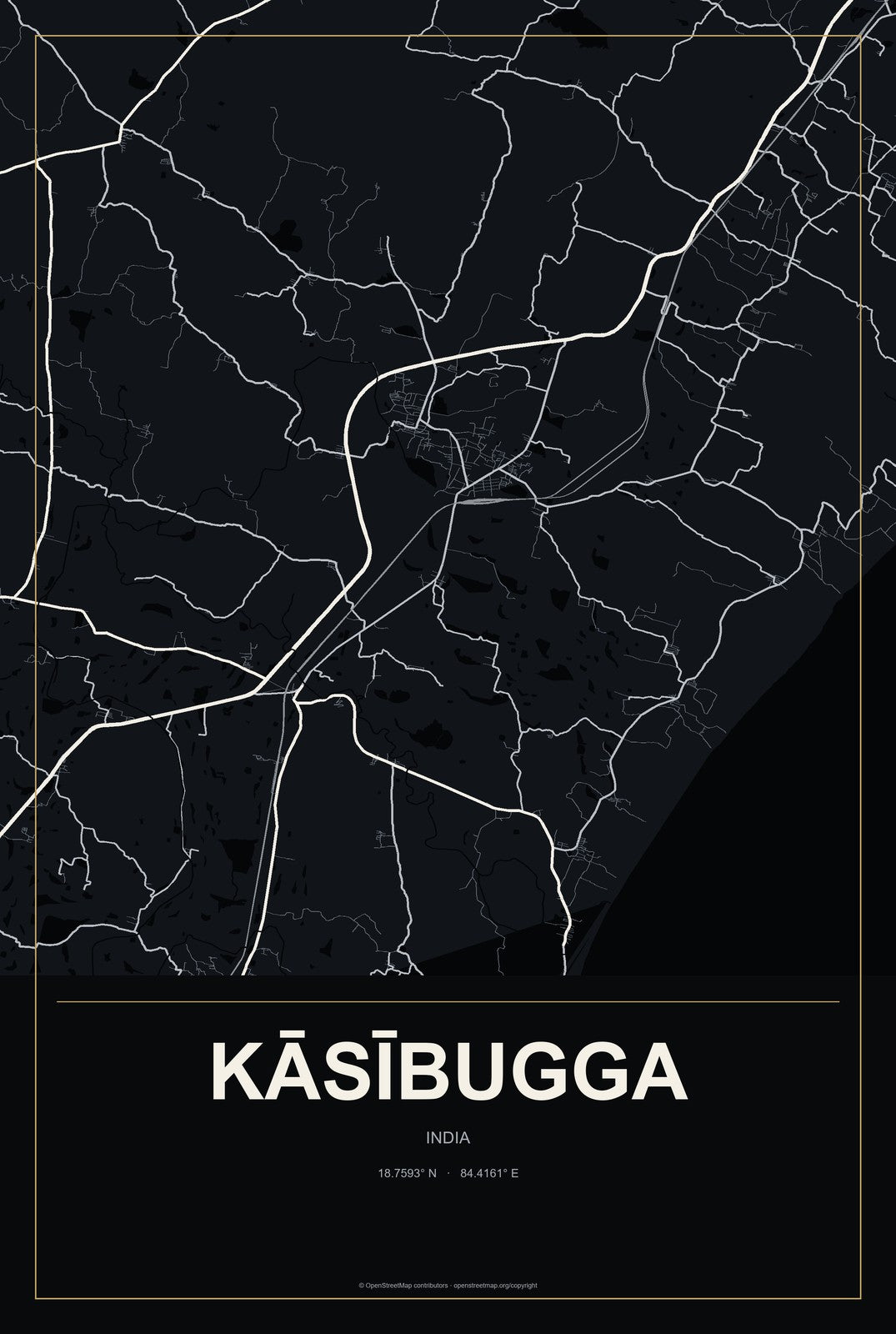 Kāsībugga, India City Map Aluminum Sign in Metropolitan Noir style