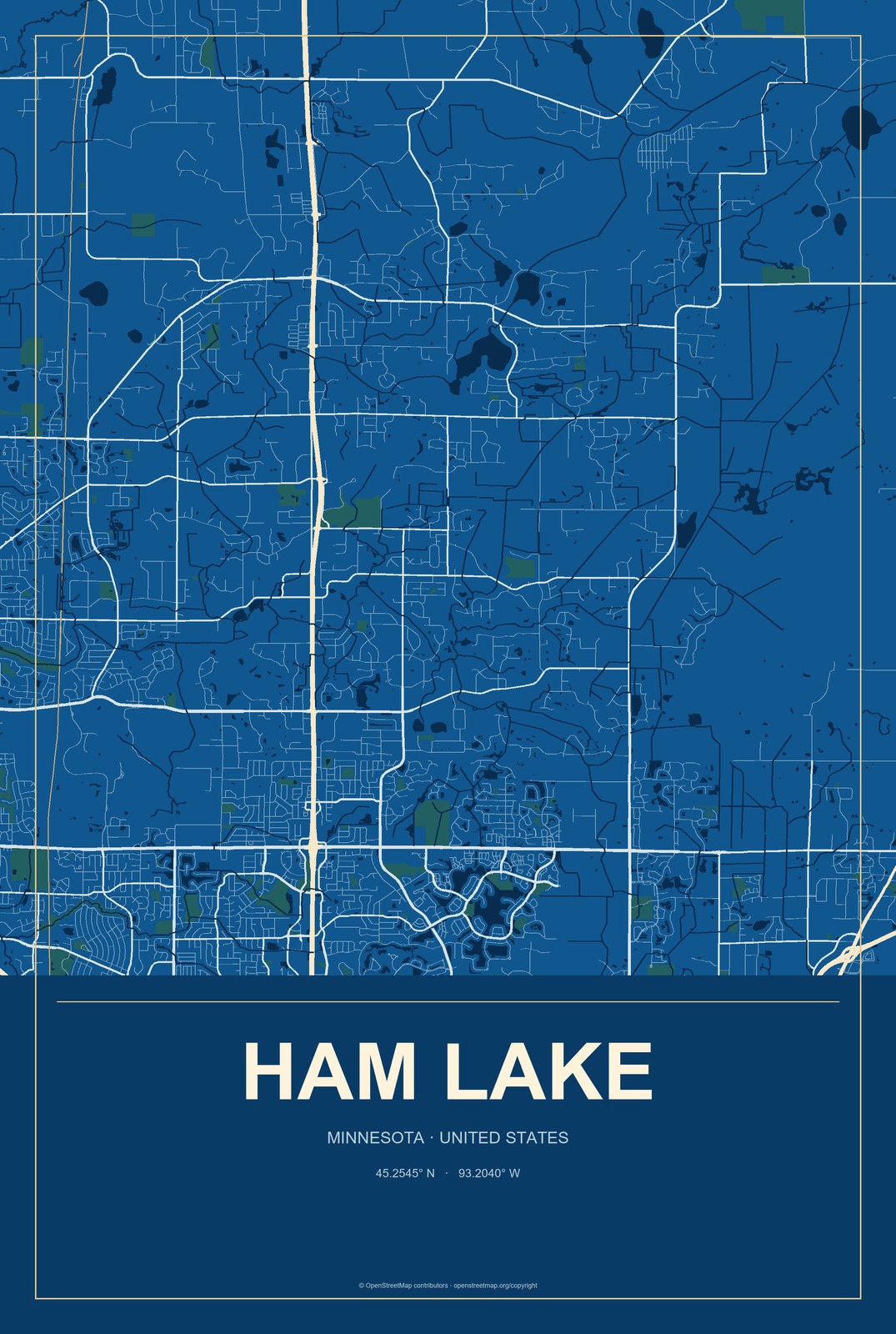 Ham Lake, Minnesota City Map Aluminum Sign in Harbor Cobalt style