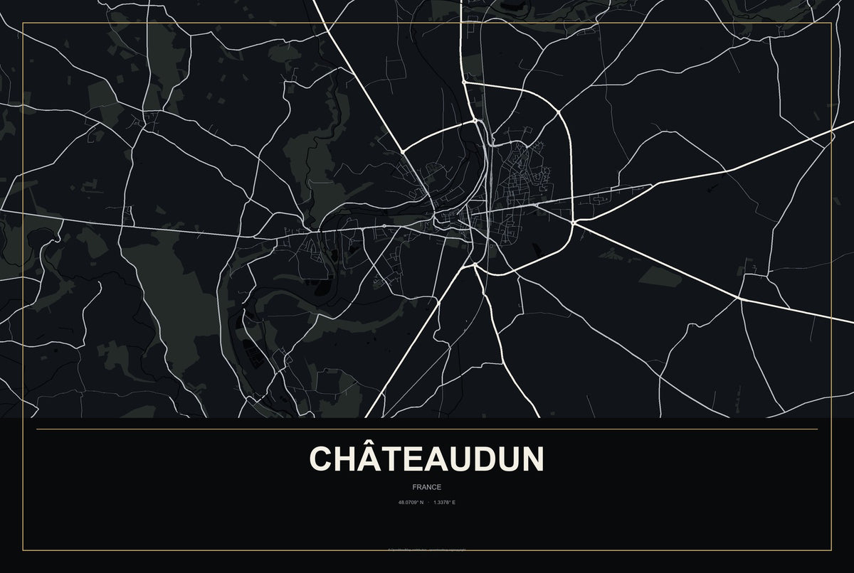 Châteaudun, France City Map Aluminum Sign in Metropolitan Noir style