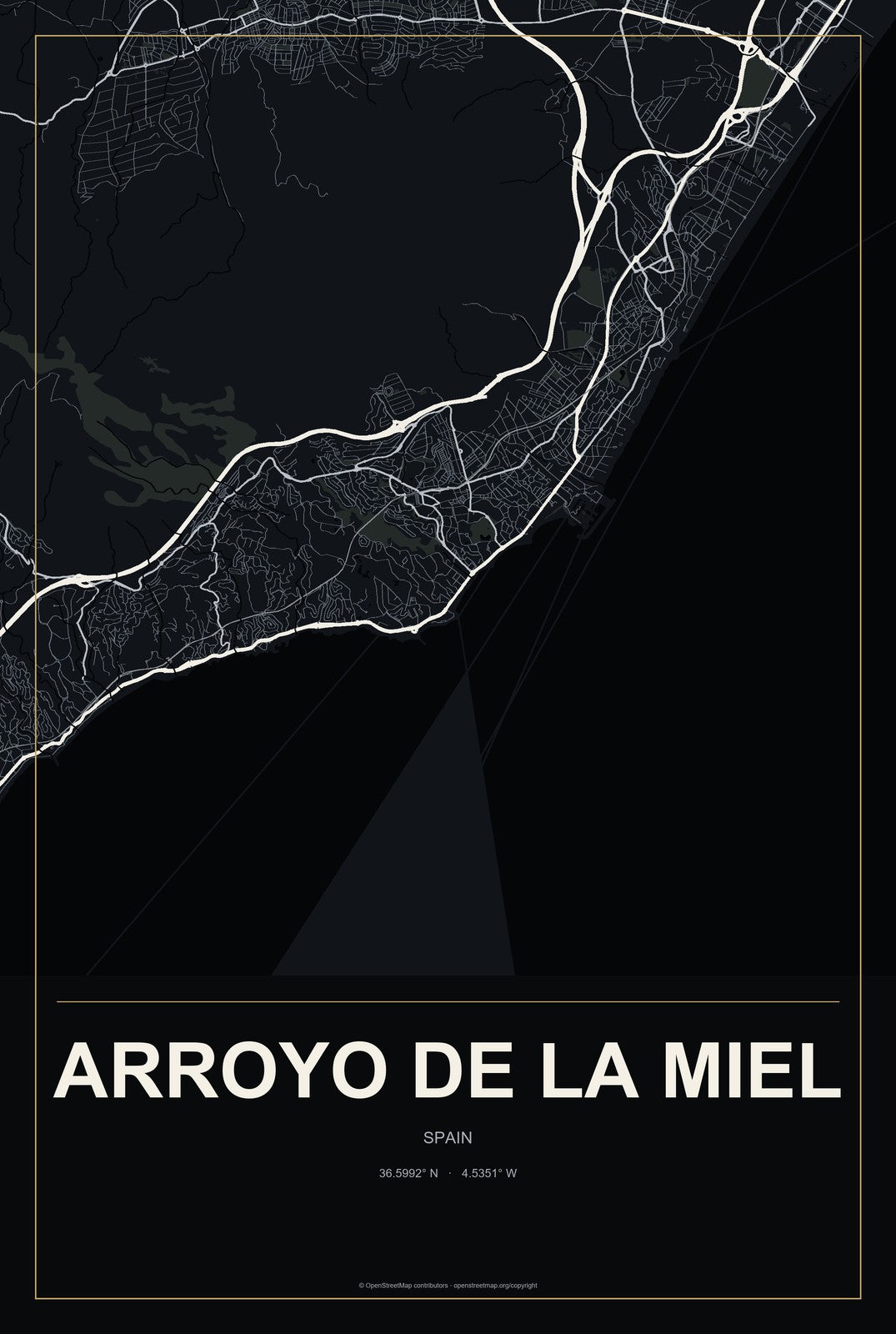 Arroyo de la Miel, Spain City Map Aluminum Sign in Metropolitan Noir style