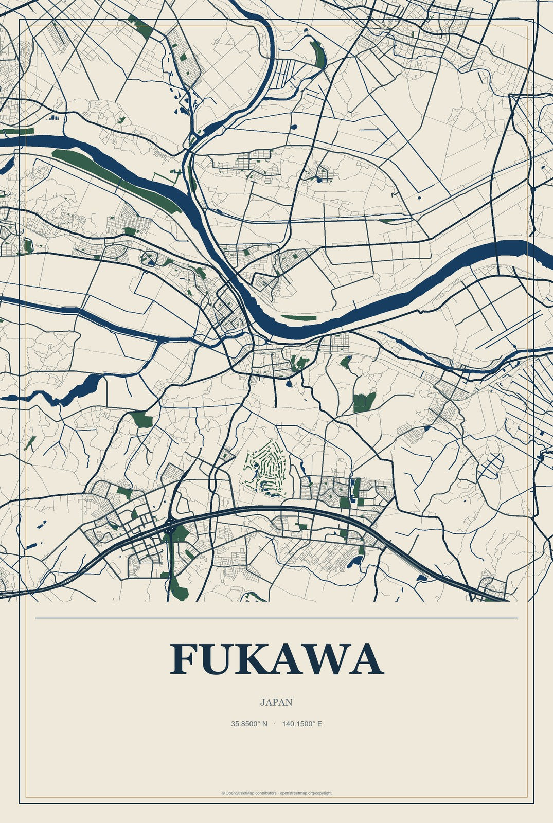 Fukawa, Japan City Map Aluminum Sign in Coastal Cutout style