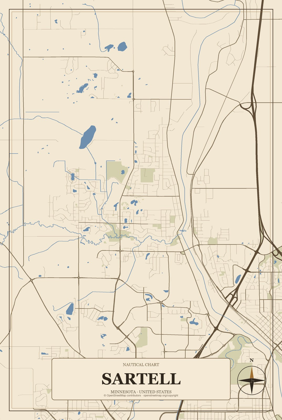 Sartell, Minnesota City Map Aluminum Sign in Heritage Nautical style